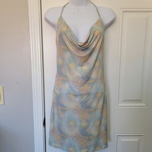 NWT Forever 21 Backless Cowl Neck Blue Yellow Wave Print Mini Dress Size Medium